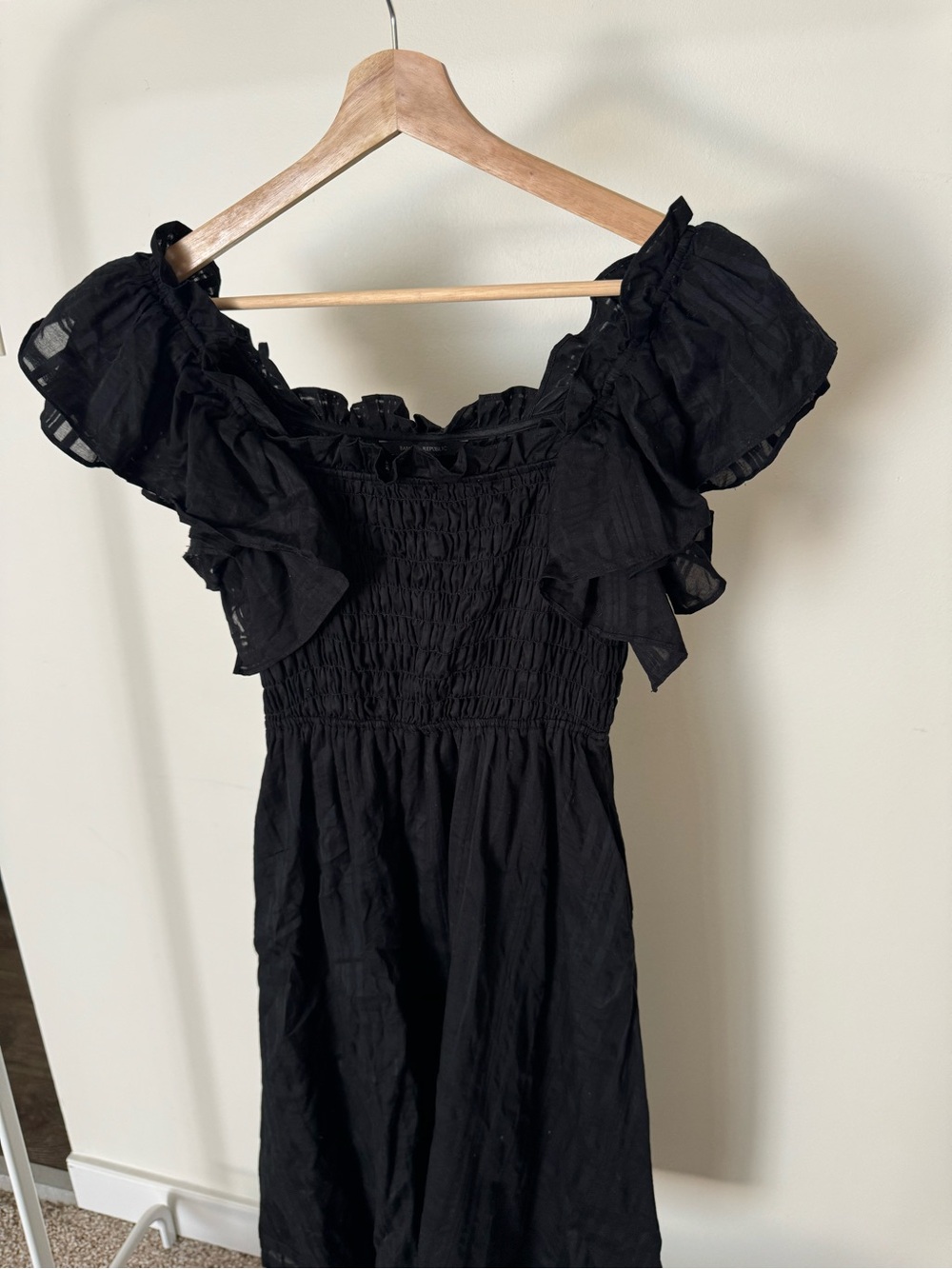 Banana Republic Black Smocked Off-Shoulder Dress with Ruffle Trim